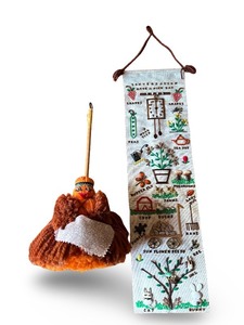 lot 133 image: Vintage Embroidered Wall Hanging and Yarn Doll Broom Decor Set