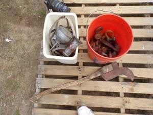 lot 107 image: Orange Bucket with Content, White Garbage Can with Content