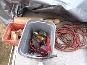 lot 119 image: Grey Tote with Content, Red Crate, Hose