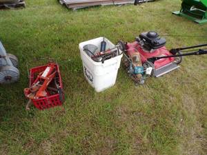 lot 131 image: Lawn Mower, Grease Guns in Bucket, Red Basket with Jack