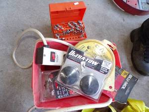 lot 422 image: Red Battery Box with Misc Tools, Rotor Bits