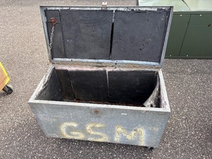 lot 51 image: Gray job site storage box  chest with metal box bolted on lid L 43 x H 36 x D 21