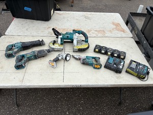 lot 214 image: (5) Makita Tools Reciprocating Saw Rotary Hammer Xenon Flashlight18 GA. Straight Shear Band Saw