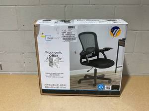 lot 209 image: Mainstays Ergonomic Mesh Back Office Chair with Flip Up Arms for Adults, Black Fabric, 275lb