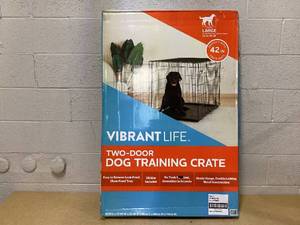 lot 442 image: Vibrant Life Wire Dog Crate, Double-Door, Divider and Leak-Proof Tray, Metal, Foldable
