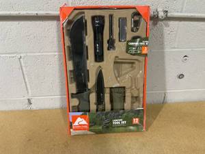 lot 342 image: Ozark Trail Camping Tool Set, 12 Piece, Includes Flashlight, Machete, Knife, Outdoor Gear Kit