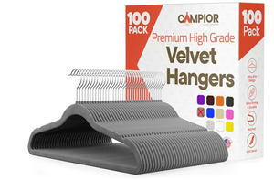 lot 132 image: Gray Velvet Hangers 100 Pack  360° Swivel Hook, Non-Slip and Space Saving Hangers, Heavy-Duty 11 lbs Weight Capacity