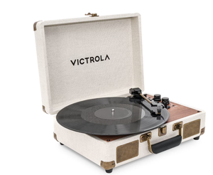 lot 278 image: Victrola Venture Bluetooth Portable Mid-Century Modern Suitcase Record Player with 3-Speed Turntable & Built-in Speakers  Oak