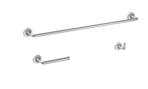 lot 295 image: Better Homes & Gardens Clean Modern 3 Pieces Bath Hardware Set in Satin Nickel Towel Bar, Toilet Paper Holder, Robe Hook Included