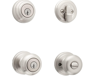 lot 339 image: Kwikset Juno Keyed Entry Door Knob and Single Cylinder Deadbolt Combo Pack with Microban Antimicrobial Protection Featuring SmartKey Security in Satin Nickel
