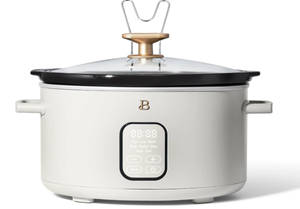 lot 360 image: Beautiful 6 Qt Programmable Slow Cooker by Drew Barrymore - 5 Preset Cooking Functions, Digital Countdown Timer, Dishwasher-Safe Parts, and Cool-Touch Handles (White Icing)