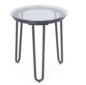 lot 459 image: Simple Outdoor Patio Round Metal Tempered Glass Side Table