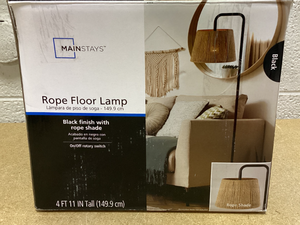 lot 380 image: Mainstays 5 Black Metal Floor Lamp with Rope Shade, Transitional Styling, Ideal for Office and Dorms