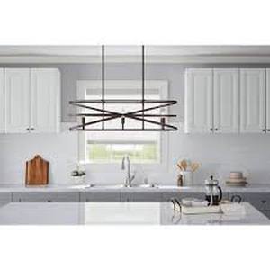 lot 25 image: Home Decorators Collection Sarolta Sands 6-Light Black Kitchen Island Pendant Light Fixture with Linear Metal Shade    Customer Returns See Pictures