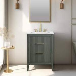 lot 51 image: SUDIO Emma 24 in. W Bath Vanity in Vintage Green with Engineered Stone Top in Arabescato with White Sink  Customer Returns See Pictures