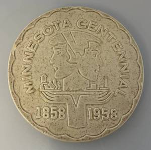 lot 28 image: RED WING Minnesota Centennial Plaque 1858-1958 6 34 (Small Chips Present)