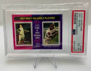 lot 76 image: 1975 Topps Mini 1957 MVPS Mantle And Arron #195 EX-MT PSA Graded 6