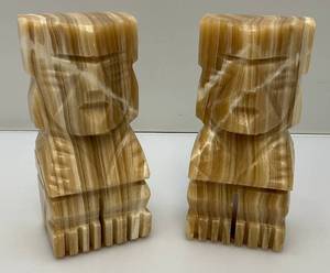 lot 152 image: Vintage Mexican Onyx Aztec Figure Book Ends 7 14