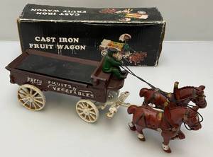 lot 156 image: Vintage Heavy Cast Metal Freash Fruit & Vegetables Wagon With Horse (Missing Pieces) 6 x 14 12 With Original Box