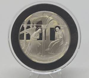 lot 61 image: 100 Greatest Masterpieces - Large Solid Sterling Silver Coin - The Annunciation - Fra Angelico