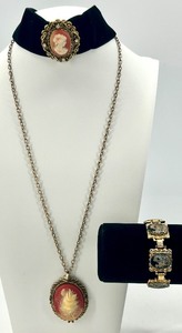 lot 20 image: Vintage Cameo Necklace, Velvet Choker, and Oriental Motif Bracelet Set