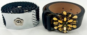 lot 24 image: Set of 2 Decorative Belts - Sequin Metal Flower Clasp and Leather Belt with Gem Buckle including T.A. Port