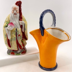 lot 32 image: Chinese Elder Figure and Yellow Basket Vase