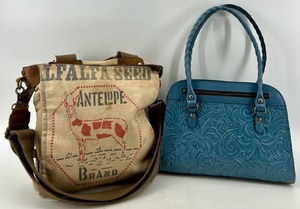 lot 33 image: Antelope Brand Canvas Messenger Bag and Blue Embossed Patricia Nash Handbag Set