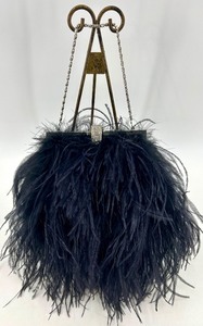 lot 34 image: Vintage Black Feather Clutch Purse with Rhinestone Clasp and Chain Strap