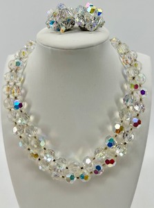 lot 56 image: Vintage Lisner Aurora Borealis Crystal Necklace and Clip-On Earring Set