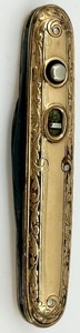 lot 58 image: Antique Ornate Brass Push-Button Pocket Knife with Dual Blades