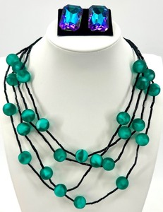 lot 66 image: Green Beaded Multi-Strand Necklace with Blue Gemstone Earrings Set