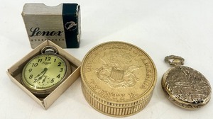 lot 75 image: Collection of 3 Vintage Pocket Watches and Coin-Style Desk Clock including Lenox and Seiko