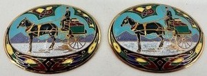 lot 76 image: Pair of Vintage Enamel and Brass Horse and Chariot Belt Buckles