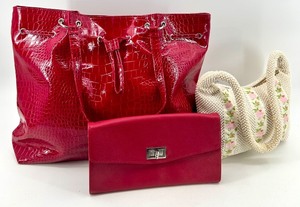 lot 82 image: Set of 3 Handbags and Wallets - Red Tote, Red Clutch, Beaded Floral Bag
