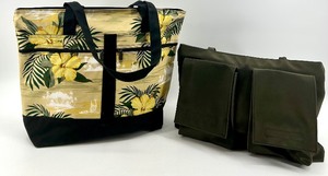 lot 85 image: 2 Large Tote Bags - Floral Print and Olive Green Canvas with Multiple Pockets