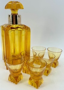 lot 89 image: Amber Art Deco Glass Decanter with 6 Matching Glasses - WMF Germany