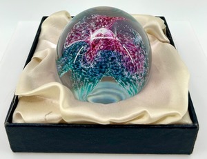 lot 98 image: Caithness Art Glass Paperweight with Box and Purple Blue Swirl Design