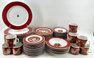 lot 105 image: Porsgrund Norway 55-Piece Porcelain Dinnerware Set with Red and Gold Trim