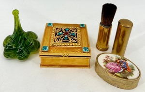 lot 107 image: Collection of Vintage Vanity Items Including Enamel Box, Perfume Bottle, Gold-Tone Boxes, and Retractable Brush