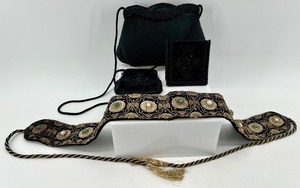 lot 115 image: Vintage Black Beaded Evening Purse, Coin Purse, Wallet, and Embroidered Belt Set