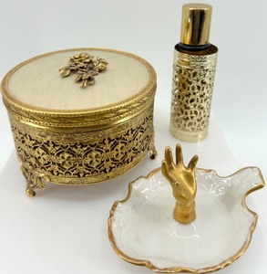 lot 120 image: Vintage Vanity Set with Ornate Gold Jewelry Box, Porcelain Hand Dish, and Perfume Atomizer