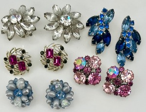 lot 154 image: Set of 5 Vintage Clip-On Earrings with Rhinestone and Gem Accents