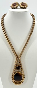 Vintage Gold Tone Necklace and Clip-On Earrings Set with Brown Stones