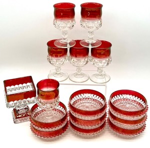 lot 160 image: Lot of Clear and Ruby Red Pressed Glass Dessert Bowls, Square Compote and Stemmed Glasses