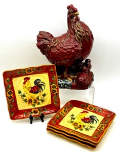 lot 161 image: Ceramic Rooster Figurine with Chicks and Set of 4 Rooster Plates