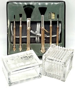lot 172 image: NIB Marquel Silverplate Cosmetic Brush Collection with Velvet Roll Bag and 2 Glass Storage Boxes 