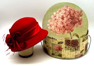 lot 174 image: August Red Wool Dress Hat with Floral Decoration and Hat Box