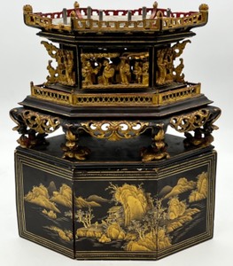 lot 176 image: Antique Asian-Style Ornate Lacquered Wooden Tabletop Incense Burner