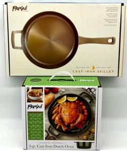 lot 177 image: Parini Golden Oil Cast-Iron Skillet and 3 Qt. Enameled Cast Iron Dutch Oven Set - NIB
